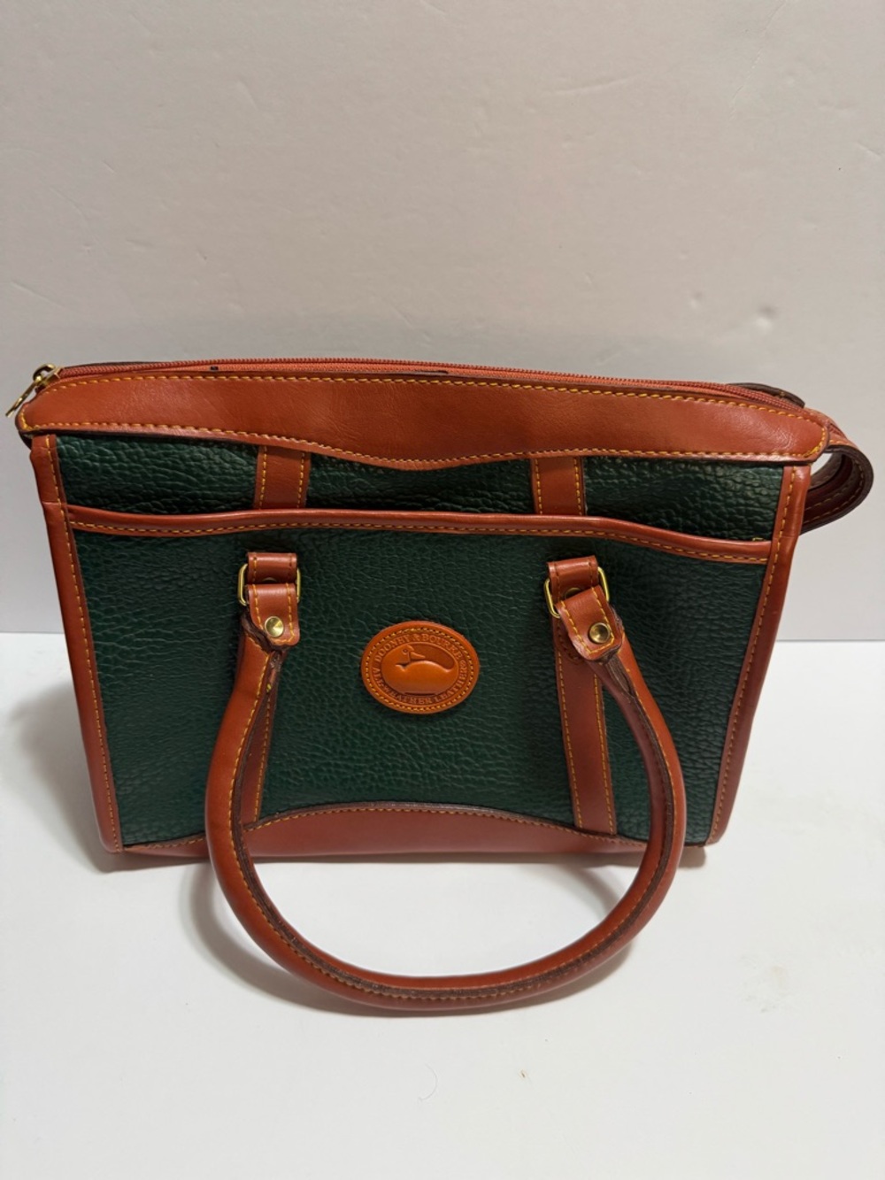 Vintage Dooney & Bourke AWL Satchel Green Brown Leather Duck Logo Shoulder Bag